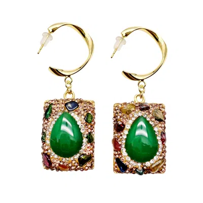 Farra Women's Gold / Green Green Gemstone Rhinestone Statement Earrings