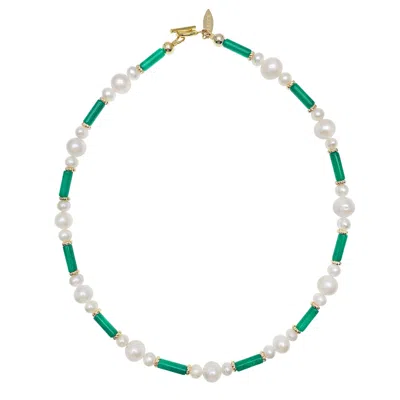 Farra Women's Gold / Green Green Jade And Freshwater Pearls Short Necklace In Multi