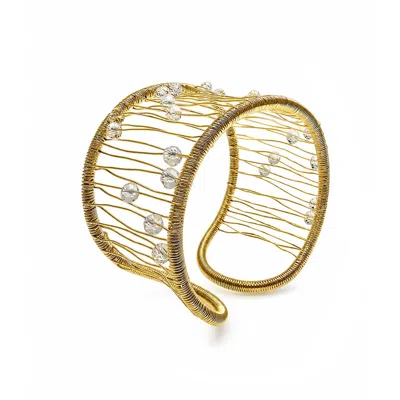 Farra Women's Gold Hand Crafted Crystal Beads Statement Cuff Bracelet