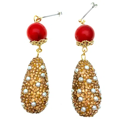 Farra Women's Gold / Red Red Coral With Teardrop Rhinestones Statement  Earrings In Multi