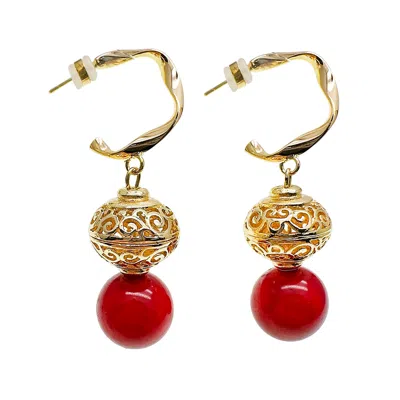 Farra Women's Gold / Red Vintage Style Big Coral Hoop Earrings