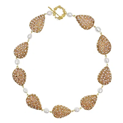 Farra Women's Gold Rhinestone With Freshwater Pearls Statement Necklace