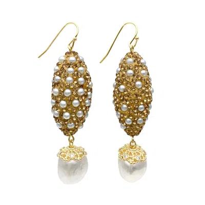 Farra Women's Gold Rhinestones Bordered Freshwater Pearls Dangle Earrings