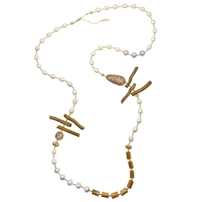 Farra Women's Gold / White Freshwater Pearls  With Golden Corals Statement Necklace In Neutral