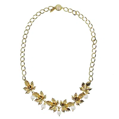 Farra Women's Gold / White Maple Leaves With Freshwater Pearls Pendant Statement Necklace In Multi