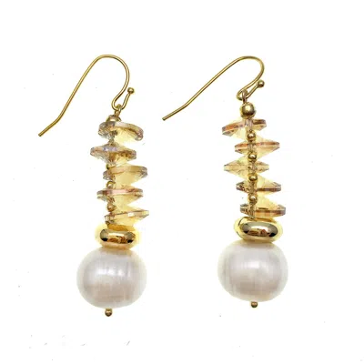 Farra Women's Gold Yellow Crystals With Freshwater Pearl Hook Earrings