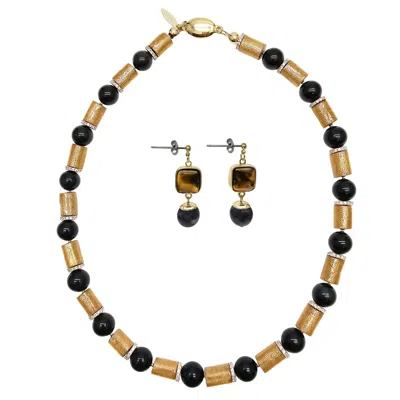 Farra Women's Golden Coral And Black Obsidian Jewelry Set
