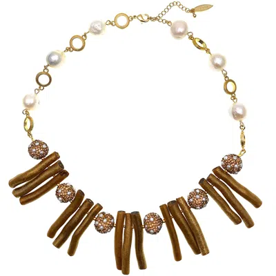 Farra Women's Golden Corals With Pearls Rhinestone Statement Necklace