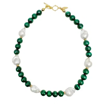 Farra Women's Gorgeous Baroque Pearls With Green Malachite Necklace