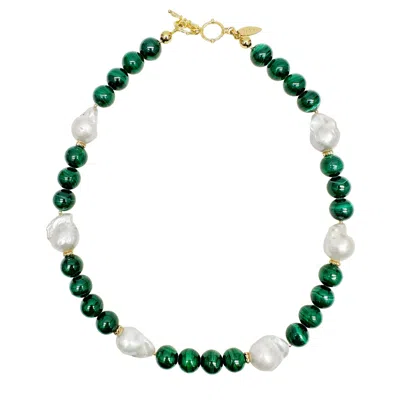 Farra Women's Gorgeous Baroque Pearls With Green Malachite Necklace In Gold