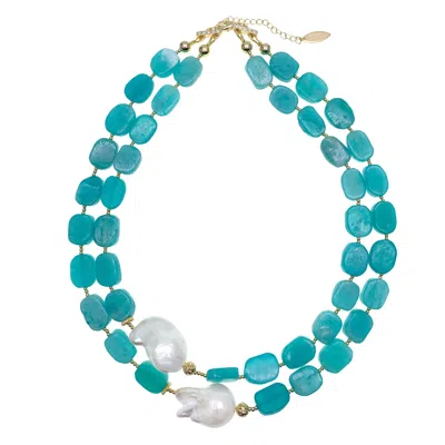 Farra Women's Green Amazonite With Baroque Pearls Double Strands Necklace