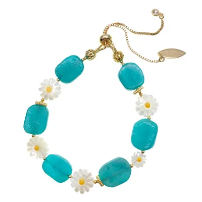Farra Women's Green Amazonite With Floral Shell Bracelet