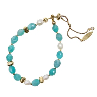 Farra Women's Green Amazonite With Freshwater Pearls Adjustable Bracelet
