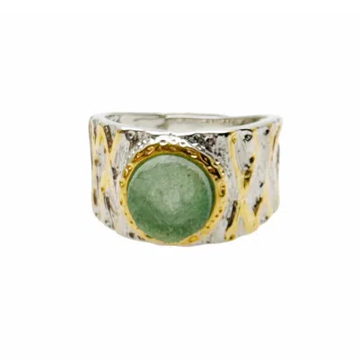 Farra Women's Green Aventurine Stone Platinum Plated Brass Adjustable Ring In Gold
