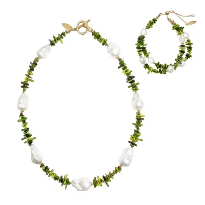 Farra Women's Green Bamboo Coral With Baroque Pearls Necklace And Double Layer Bracelet Jewelry Set In Gold