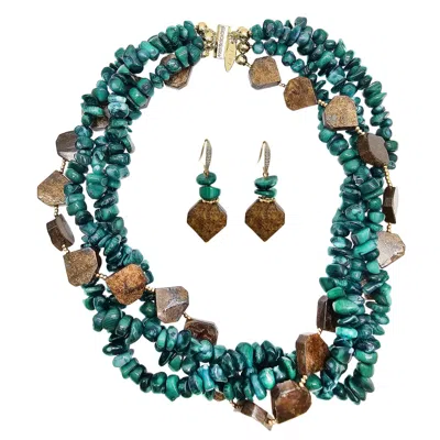 Farra Women's Green Bamboo Coral With Tiger Eye Stone Multi-layers Necklace And Earrings Set