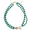 Farra Women's Green Baroque Pearl With Malachite Double Strands Necklace In Green