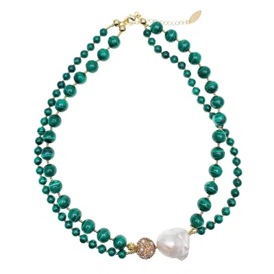 Farra Women's Green Baroque Pearl With Malachite Double Strands Necklace