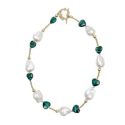 Farra Women's Green Baroque Pearls With Heart Shaped Malachite Necklace