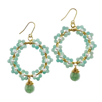 Farra Women's Green / Blue Amazonite Stone Hand Crafted Flower Dangle Earrings