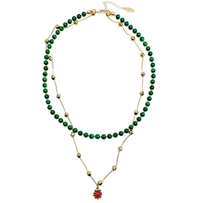 Farra Women's Green / Blue Christmas Malachite With Chain Chain Double Layers Necklace In Multi