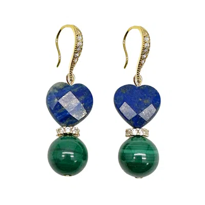 Farra Women's Green / Blue Heart-shaped Lapis With Round Malachite Earrings In Multi