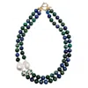 Farra Women's Green / Blue Phoenix Lapis With Baroque Pearls Double Strands Statement Necklace
