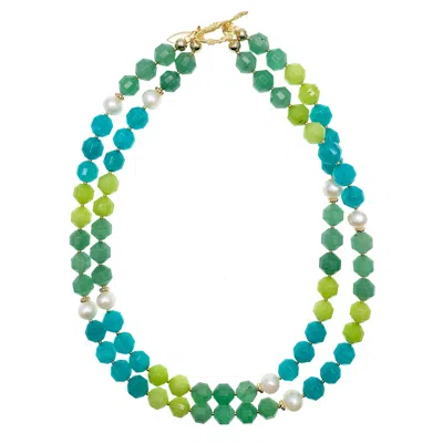 Farra Women's Green / Blue / White Double Strands Green & Blue Mixed Colors With Pearls Necklace In Multi