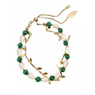 Farra Women's Green Boho Chic Malachite With Shell Leaves Layered Bracelet