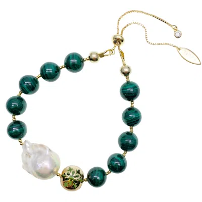 Farra Women's Green Christmas Malachite With Baroque Pearl Adjustable Bracelet