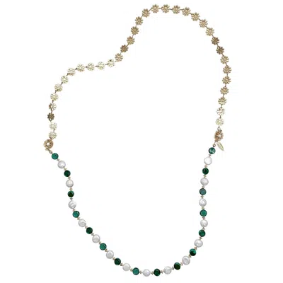 Farra Women's Green Coin Shaped Malachite And Freshwater Pearls With Flower Chain Versatile Necklace