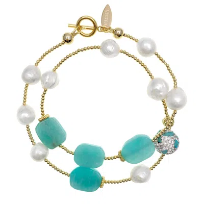 Farra Women's Green Freshwater Pearls With Amazonite Double Wrapped Bracelet In Blue