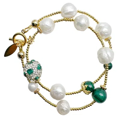 Farra Women's Green Freshwater Pearls With Round Malachite Double Wrapped Beading Bracelet