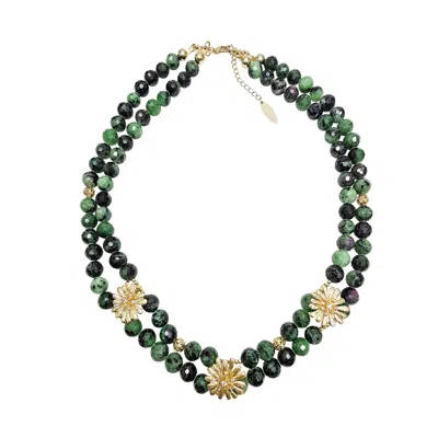 Farra Women's Green Gemstone With Daisy Flower Statement Necklace