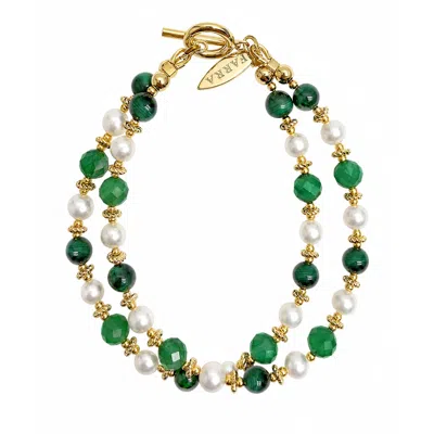 Farra Women's Green Gemstone With Freshwater Pearl Double Layers Bracelet