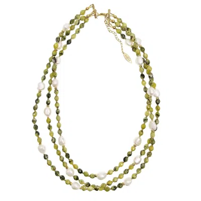 Farra Women's Green Gemstone With Pearls Multi Layers Necklace