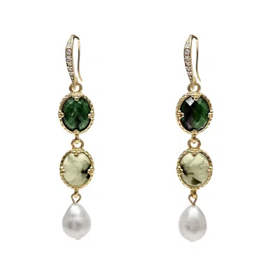 Farra Women's Green Gemstone With White Pearls Dangle Earrings