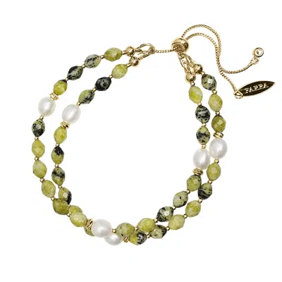 Farra Women's Green Gemstone With White Pearls Double Layers Slider Bracelet
