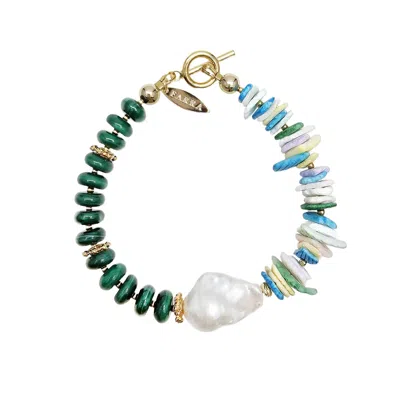 Farra Women's Green Malachite And Colorful Shell With Baroque Pearl Bracelet