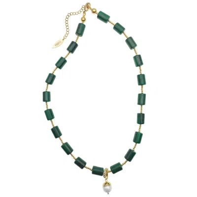Farra Women's Green Malachite Choker With Freshwater Pearl Detachable Pendant