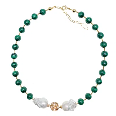Farra Women's Green Malachite Stones With Baroques Pearls Sophisticated Necklace