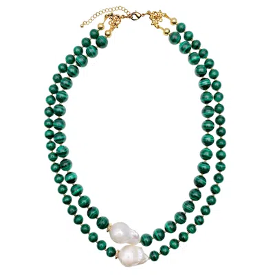 Farra Women's Green Malachite With Baroque Pearls Double Strands Necklace