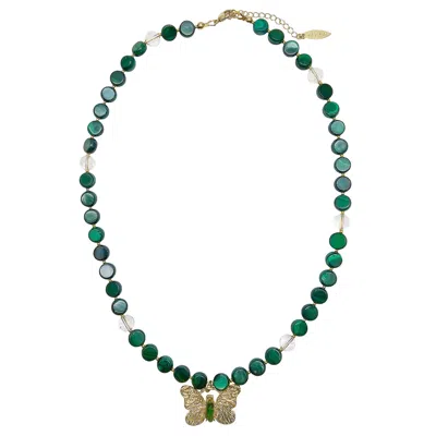 Farra Women's Green Malachite With Butterfly Pendant Necklace