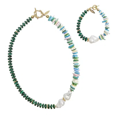 Farra Women's Green Malachite With Colorful Shell Baroque Pearl Necklace And Bracelet Set In Multi