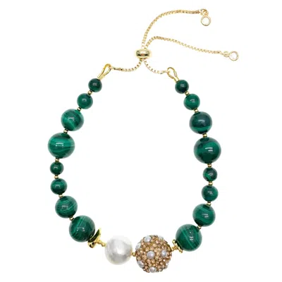 Farra Women's Green Malachite With Freshwater Pearl & Rhinestone Bracelet