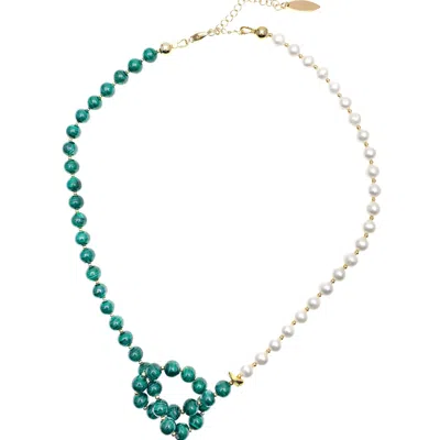 Farra Women's Green Malachite With Freshwater Pearl Knotted Necklace