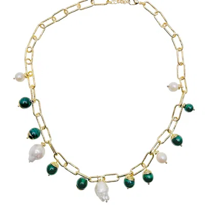 Farra Women's Green Malachite With Freshwater Pearls Chic Necklace