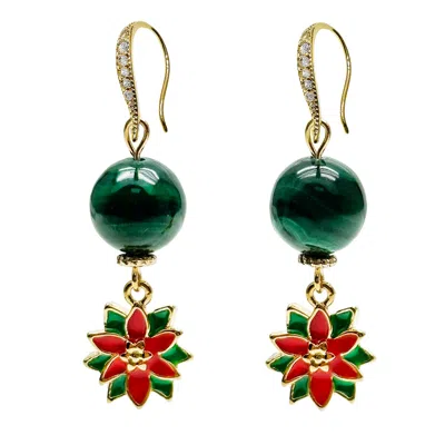 Farra Women's Green Malachite With X'mas Flower Dangle Earrings