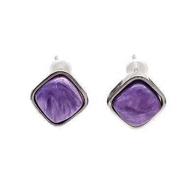 Farra Women's Green Minimalist Square Purple Charoite Stud Earrings