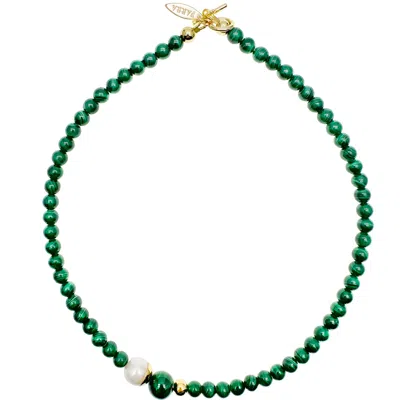 Farra Women's Green Minimalistic Round Malachite & Freshwater Pearls Necklace